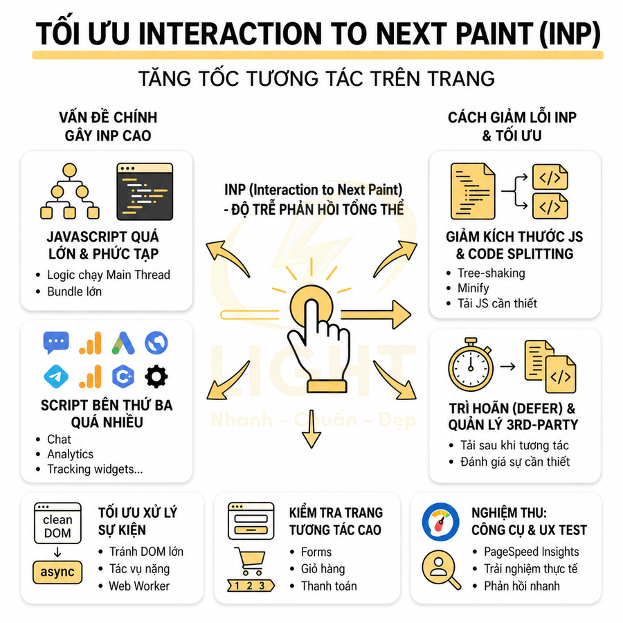 Infographic tối ưu Interaction to Next Paint INP với các nguyên nhân và cách giảm lỗi tăng tốc độ tương tác trang web