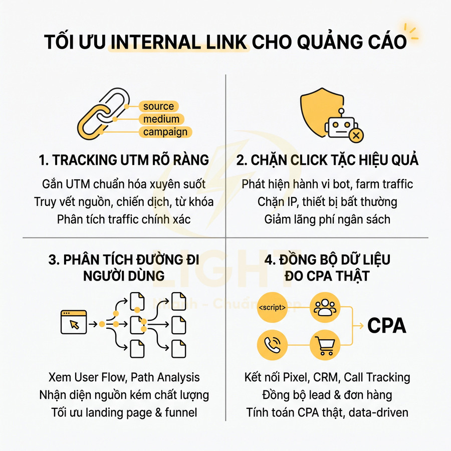 Tối ưu internal link cho quảng cáo với tracking UTM, chặn click tặc, phân tích hành vi và đồng bộ dữ liệu CPA