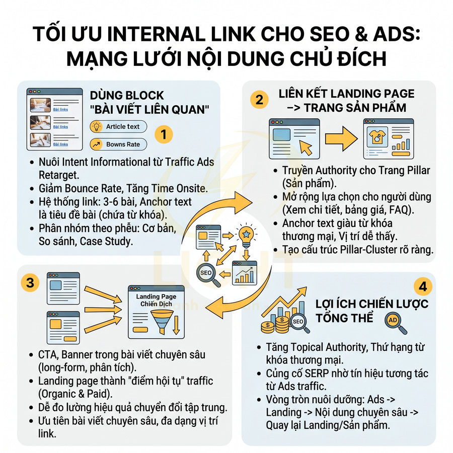 Hướng dẫn tối ưu internal link cho SEO và quảng cáo với sơ đồ liên kết bài viết, landing page và trang sản phẩm