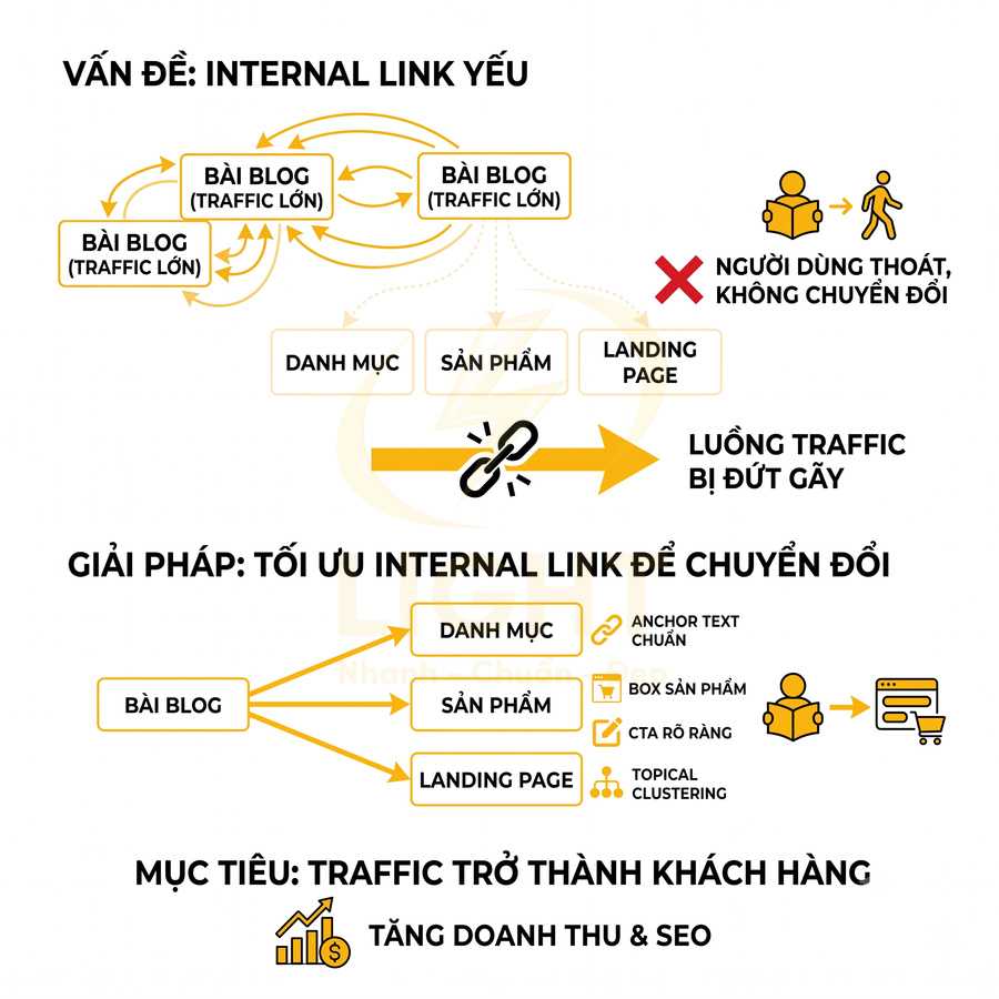 Sơ đồ giải pháp tối ưu internal link từ bài blog tới danh mục sản phẩm và landing page để tăng chuyển đổi SEO