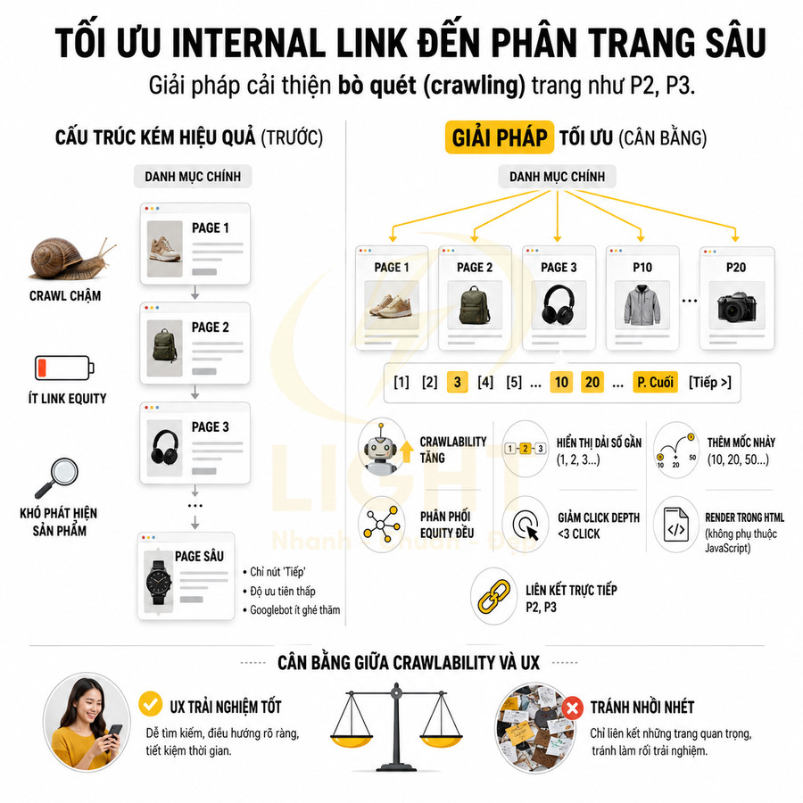 Infographic tối ưu internal link đến trang phân trang sâu P2 P3 để tăng crawlability và trải nghiệm người dùng