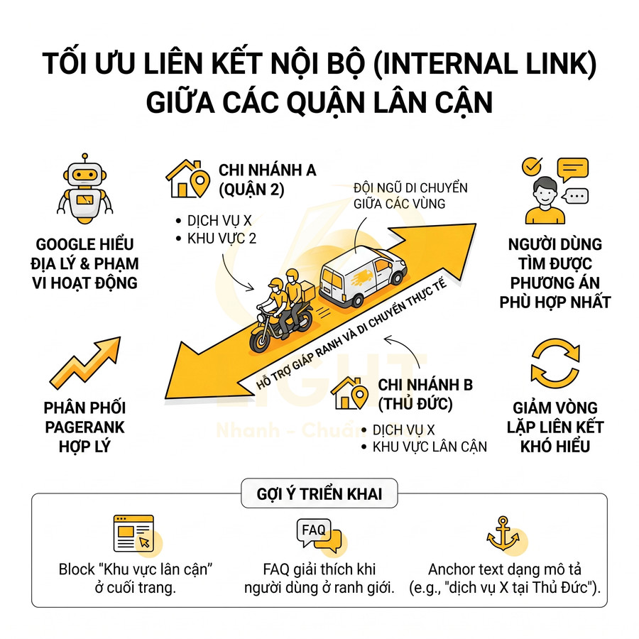 Infographic tối ưu internal link giữa các quận lân cận giúp Google hiểu địa lý, phân phối pagerank và hỗ trợ người dùng