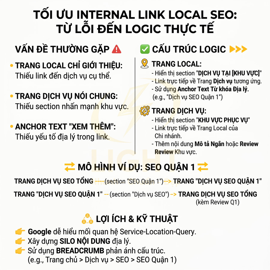 Hướng dẫn tối ưu internal link local SEO với cấu trúc logic trang local và trang dịch vụ