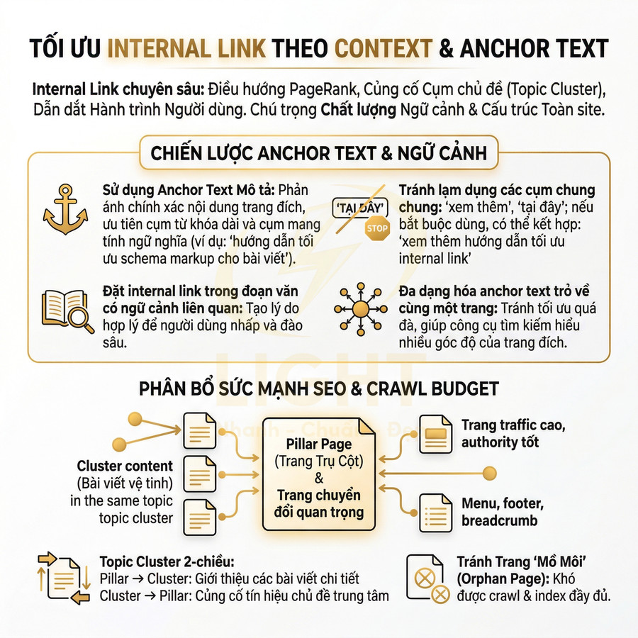 Hướng dẫn tối ưu internal link theo context và anchor text, phân bổ sức mạnh SEO và crawl budget trên website