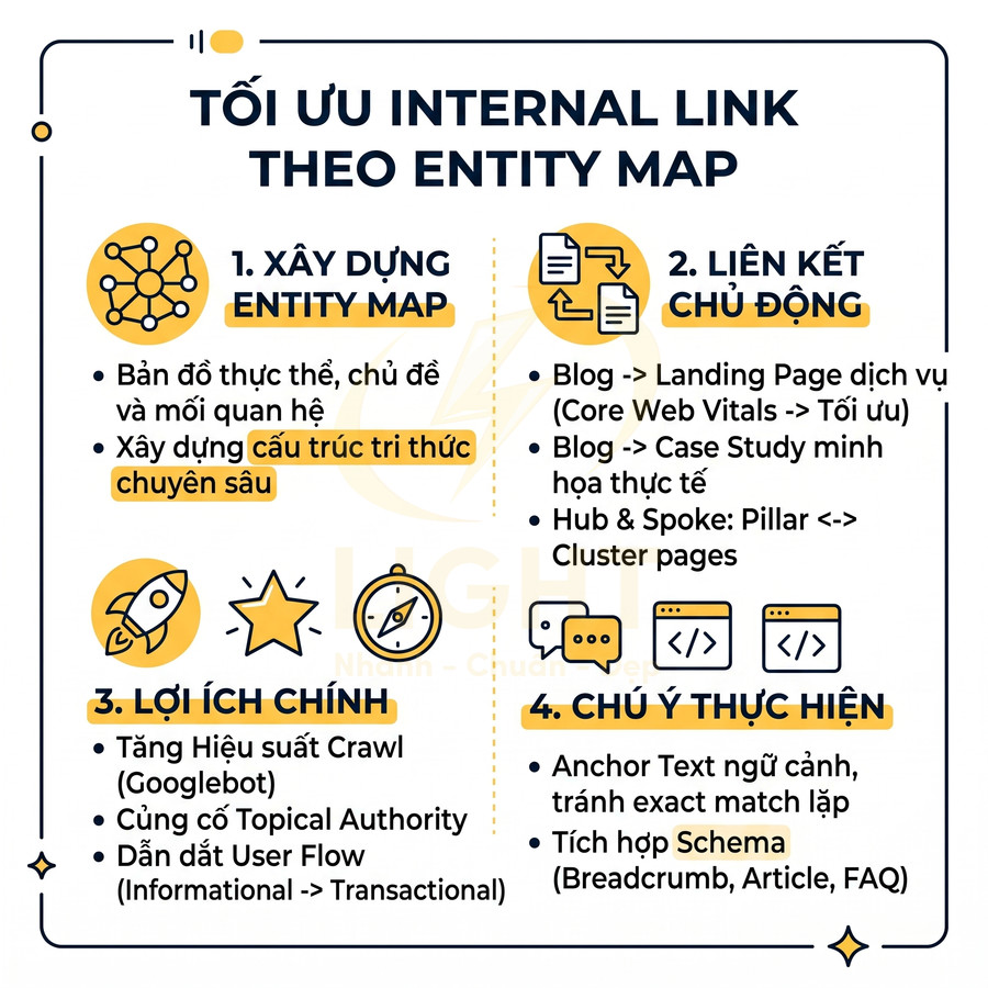 Infographic hướng dẫn tối ưu internal link theo entity map với 4 bước và lợi ích chính cho SEO website