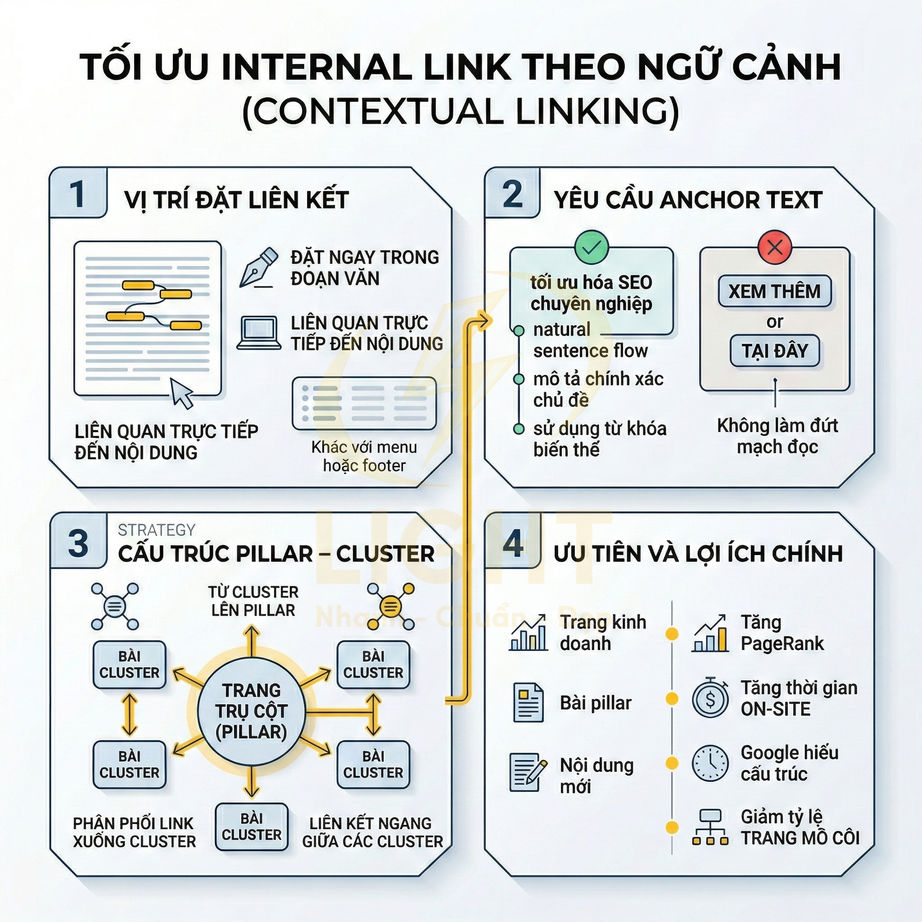 Infographic hướng dẫn tối ưu internal link theo ngữ cảnh với vị trí liên kết, anchor text, cấu trúc pillar cluster và lợi ích SEO