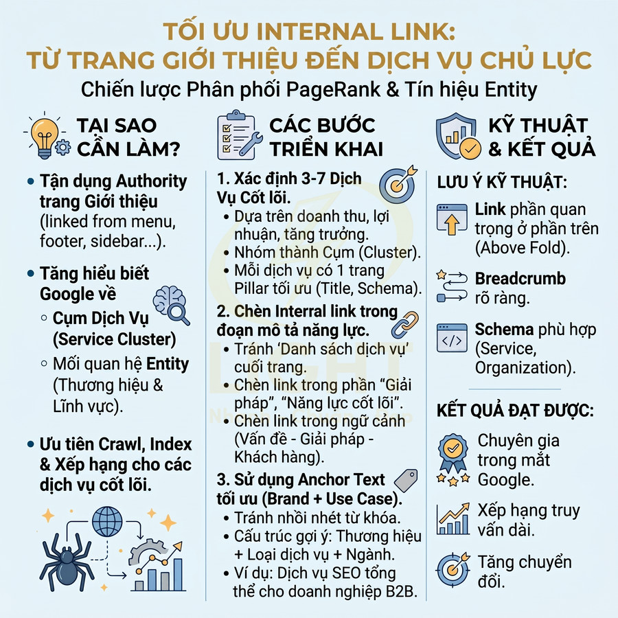Infographic tối ưu internal link từ trang giới thiệu đến dịch vụ chủ lực trong chiến lược SEO và Entity