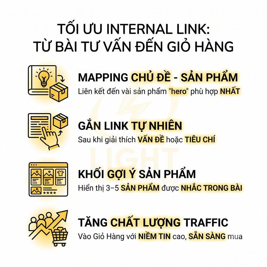 Hướng dẫn tối ưu internal link từ bài tư vấn đến giỏ hàng, tập trung gợi ý và liên kết sản phẩm trên website