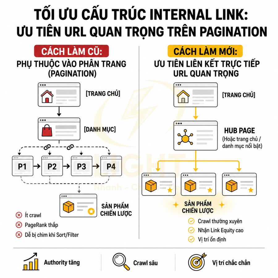 Infographic tối ưu cấu trúc internal link ưu tiên URL sản phẩm chiến lược thay vì phụ thuộc pagination