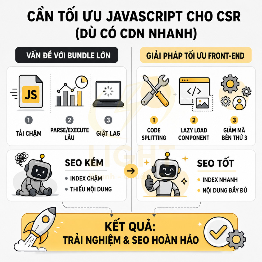 Infographic tối ưu JavaScript cho CSR, so sánh vấn đề bundle lớn và giải pháp front end để cải thiện SEO và trải nghiệm