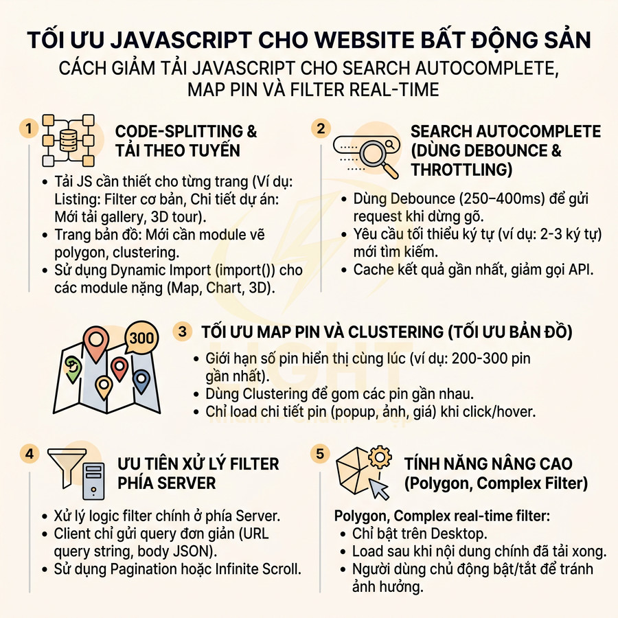 Infographic tối ưu JavaScript cho website bất động sản với 5 bước giảm tải search, map pin và filter real time