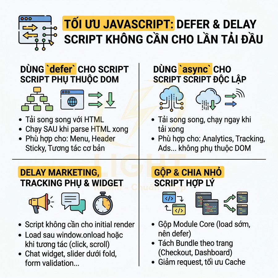 Infographic tối ưu JavaScript với defer, async, delay marketing và gộp chia nhỏ script để tăng tốc tải trang