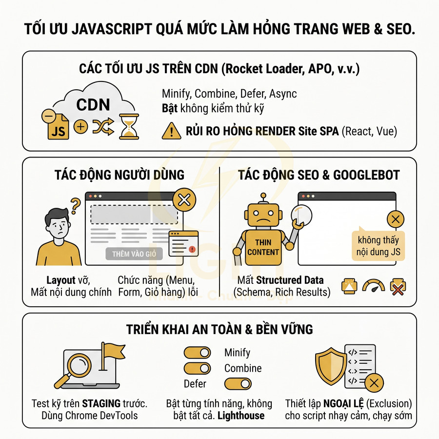 Infographic cảnh báo tối ưu JavaScript quá mức gây lỗi giao diện, mất nội dung và ảnh hưởng SEO, gợi ý cách triển khai an toàn