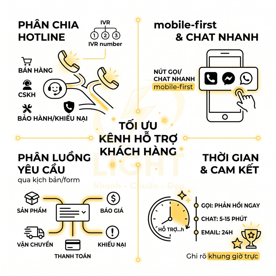 Mô hình tối ưu kênh hỗ trợ khách hàng với phân chia hotline, chat nhanh mobile và cam kết thời gian phản hồi