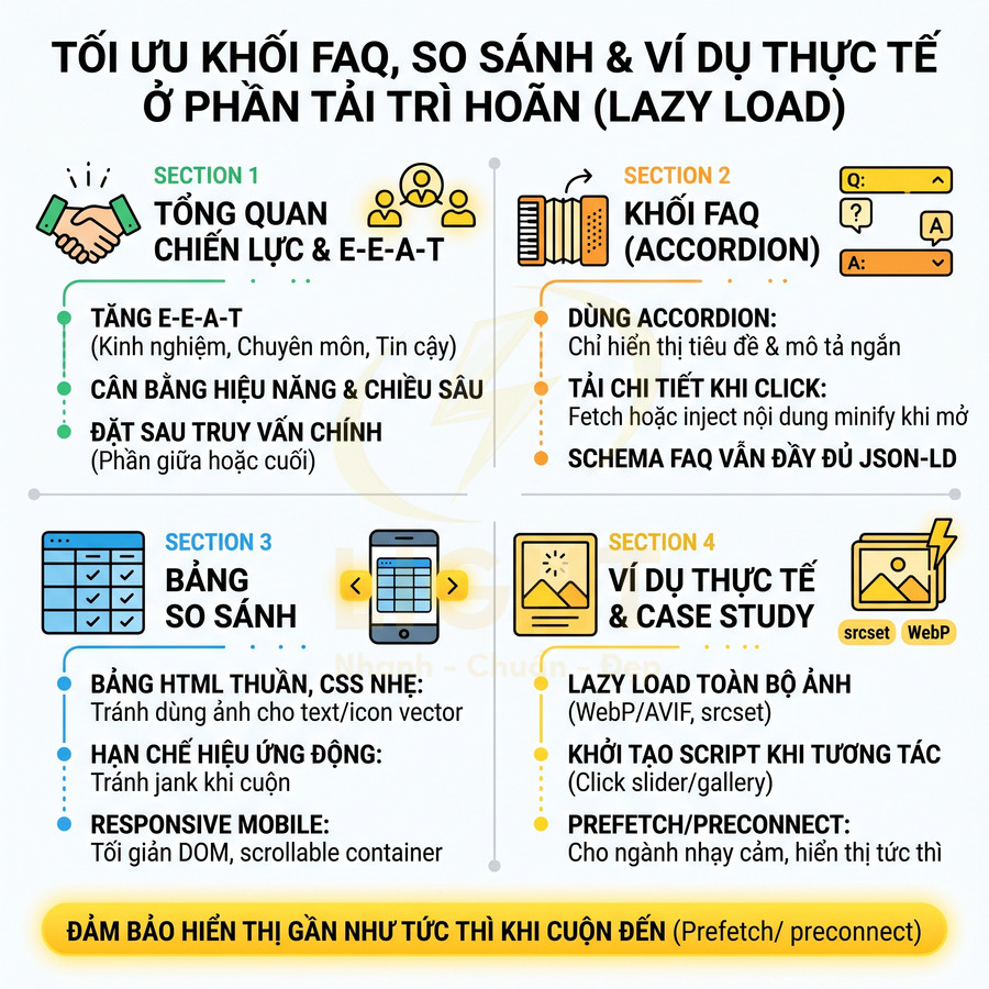 Infographic tối ưu khối FAQ, bảng so sánh và ví dụ thực tế với lazy load để cải thiện hiệu suất và trải nghiệm SEO
