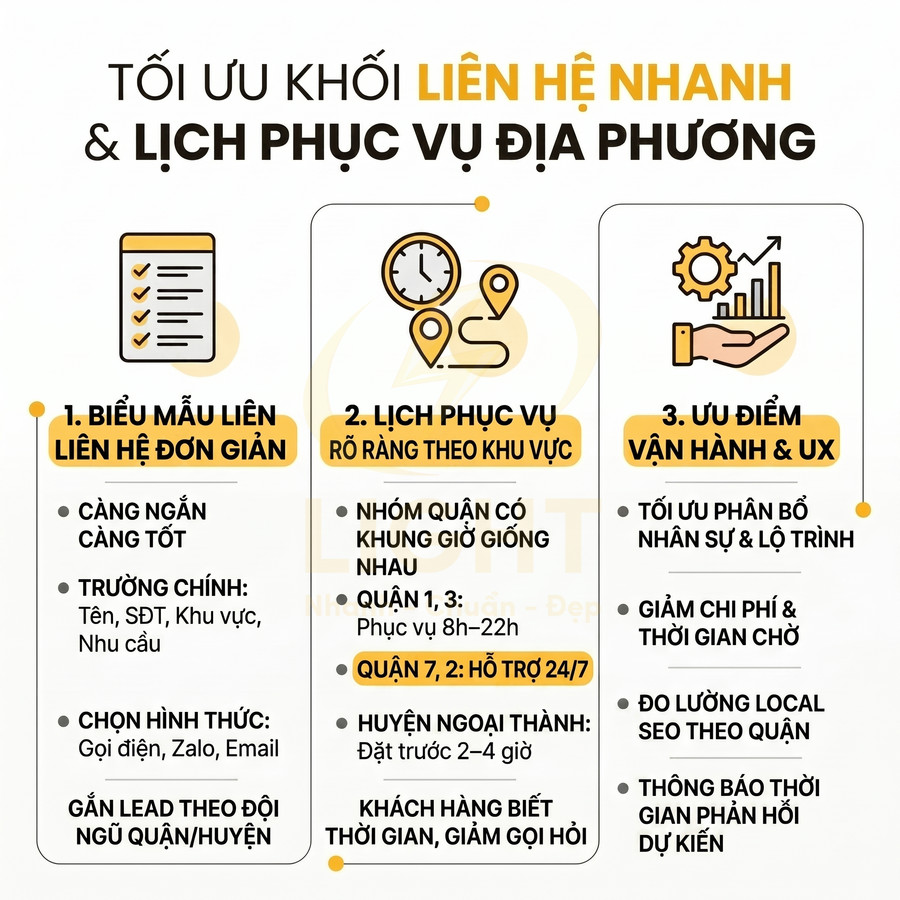 Infographic tối ưu khối liên hệ nhanh và lịch phục vụ địa phương với biểu mẫu, lịch khu vực và ưu điểm vận hành UX