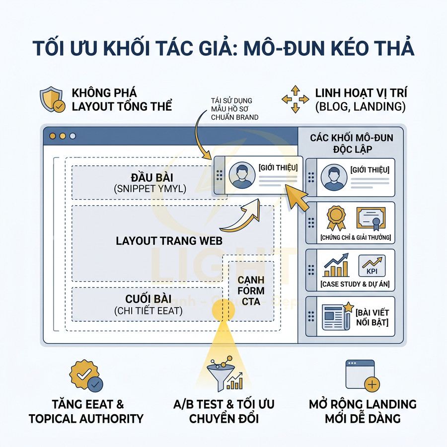 Mô hình tối ưu khối tác giả dạng mô đun kéo thả trong layout trang web để tăng E-E-A-T và chuyển đổi