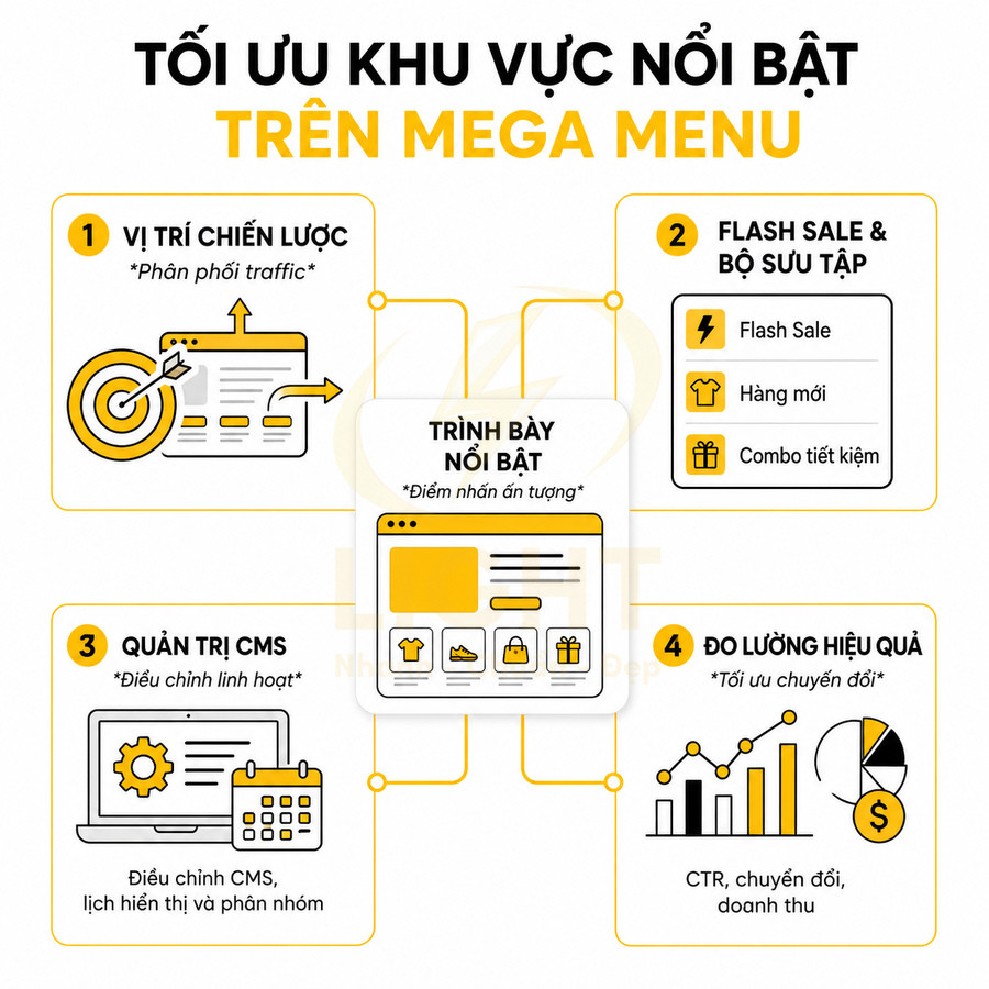 Hướng dẫn tối ưu khu vực nổi bật trên mega menu với vị trí chiến lược, flash sale, quản trị CMS và đo lường hiệu quả