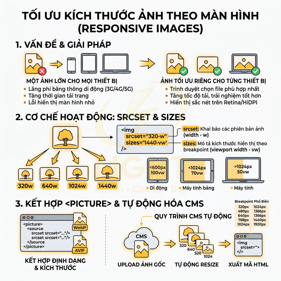 Hướng dẫn tối ưu kích thước ảnh responsive với srcset sizes picture và tự động hóa qua CMS