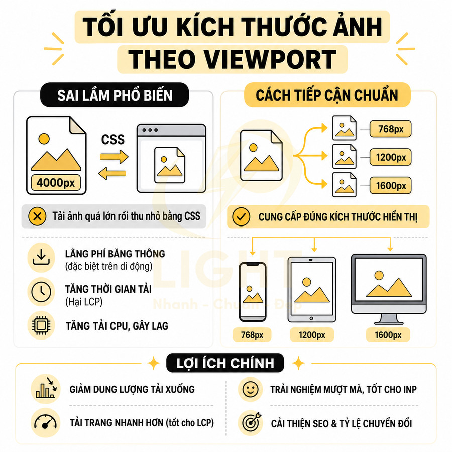Infographic tối ưu kích thước ảnh theo viewport, so sánh sai lầm phổ biến và cách chọn kích thước ảnh chuẩn SEO