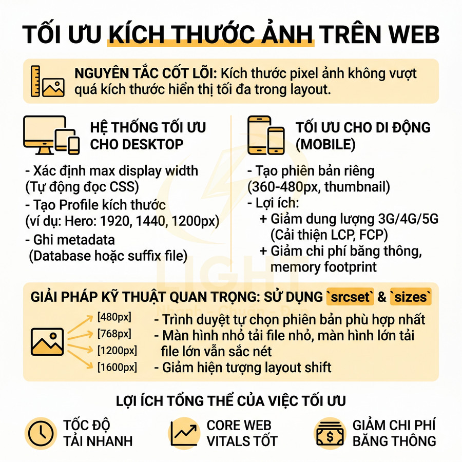Hướng dẫn tối ưu kích thước ảnh trên web cho desktop và mobile, sử dụng srcset sizes để tăng tốc độ tải trang