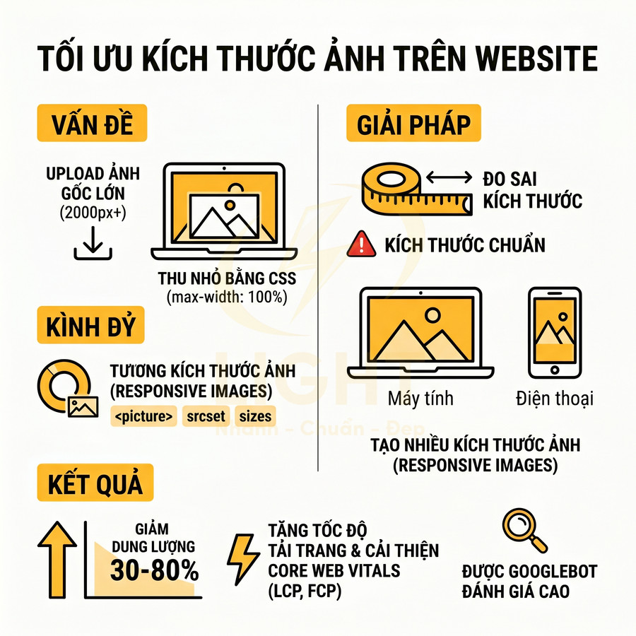 Infographic hướng dẫn tối ưu kích thước ảnh trên website với responsive images cho máy tính và điện thoại