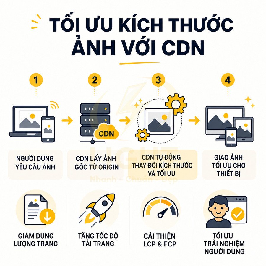 Quy trình tối ưu kích thước ảnh với CDN giúp giảm dung lượng, tăng tốc độ tải và cải thiện trải nghiệm người dùng