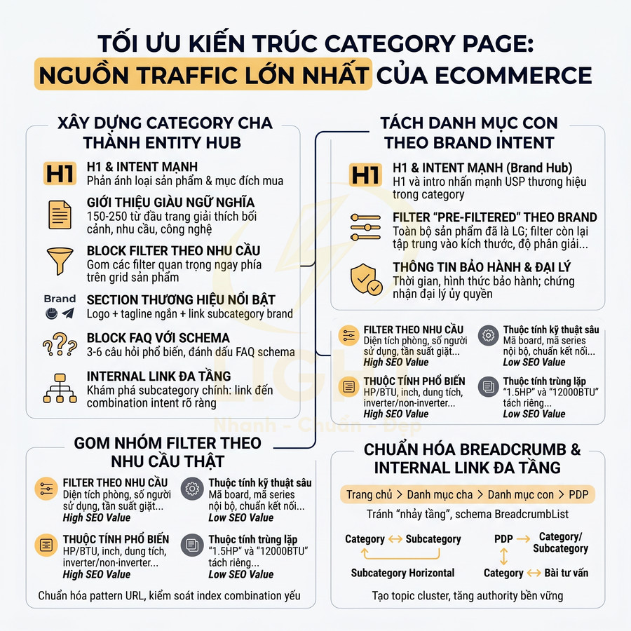Hướng dẫn tối ưu kiến trúc category page ecommerce với entity hub, filter theo nhu cầu và chuẩn hóa breadcrumb