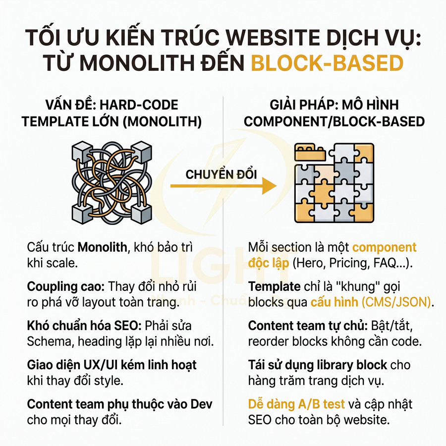 Mô hình tối ưu kiến trúc website dịch vụ chuyển từ template monolith sang cấu trúc component block based