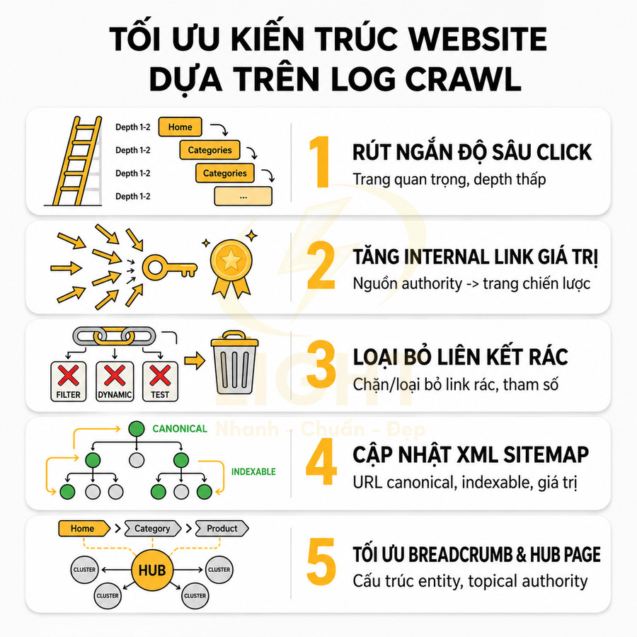 5 bước tối ưu kiến trúc website dựa trên log crawl với rút ngắn click, internal link, sitemap và breadcrumb