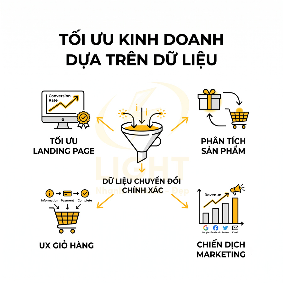 Mô hình tối ưu kinh doanh dựa trên dữ liệu chuyển đổi với tối ưu landing page, UX giỏ hàng, phân tích sản phẩm, chiến dịch marketing