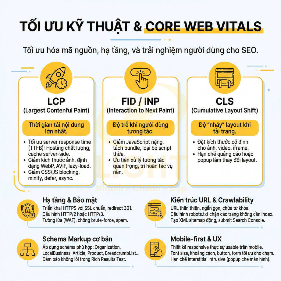 Infographic tối ưu kỹ thuật và Core Web Vitals cho SEO với LCP FID INP CLS và các yếu tố hạ tầng bảo mật UX