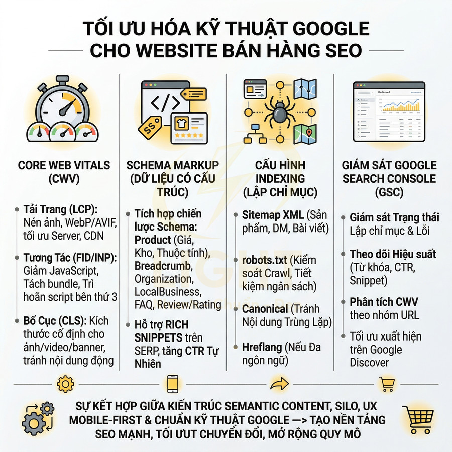 Infographic tối ưu kỹ thuật Google cho website bán hàng SEO với Core Web Vitals, schema, indexing và Google Search Console