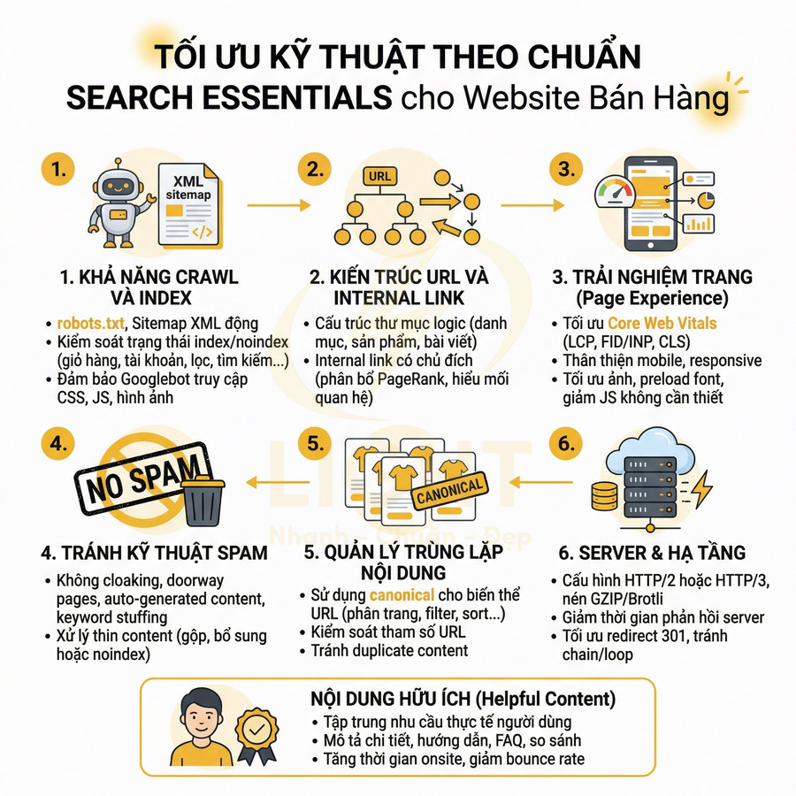 Checklist tối ưu kỹ thuật SEO Search Essentials cho website bán hàng với 6 bước minh họa trực quan