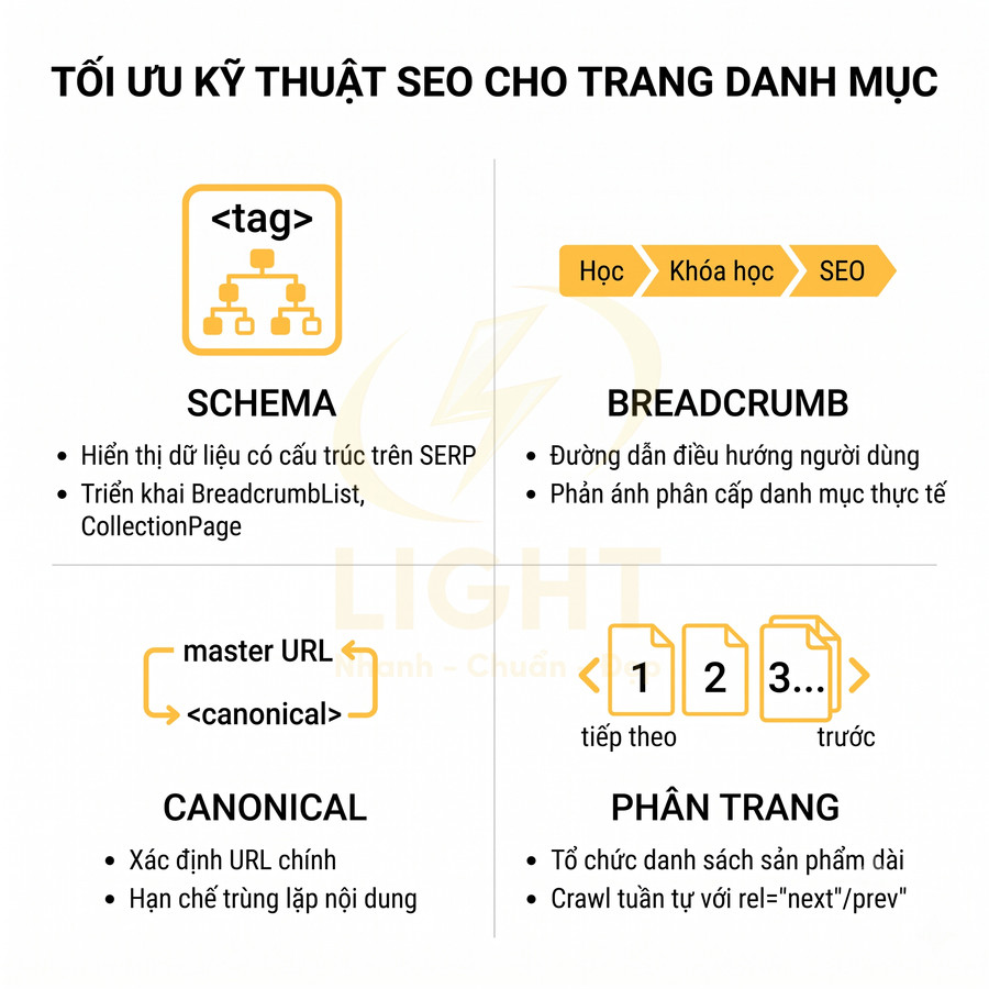 Infographic tối ưu kỹ thuật SEO cho trang danh mục với schema breadcrumb canonical và phân trang