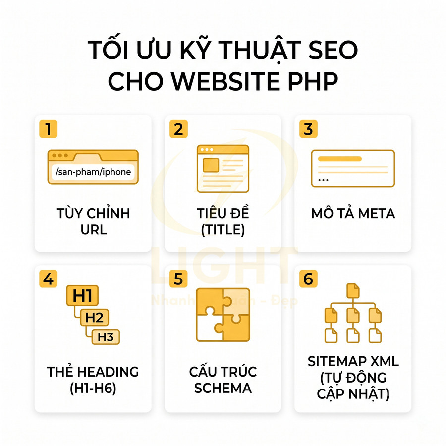 Checklist tối ưu kỹ thuật SEO cho website PHP với URL, tiêu đề, mô tả meta, heading, schema và sitemap XML