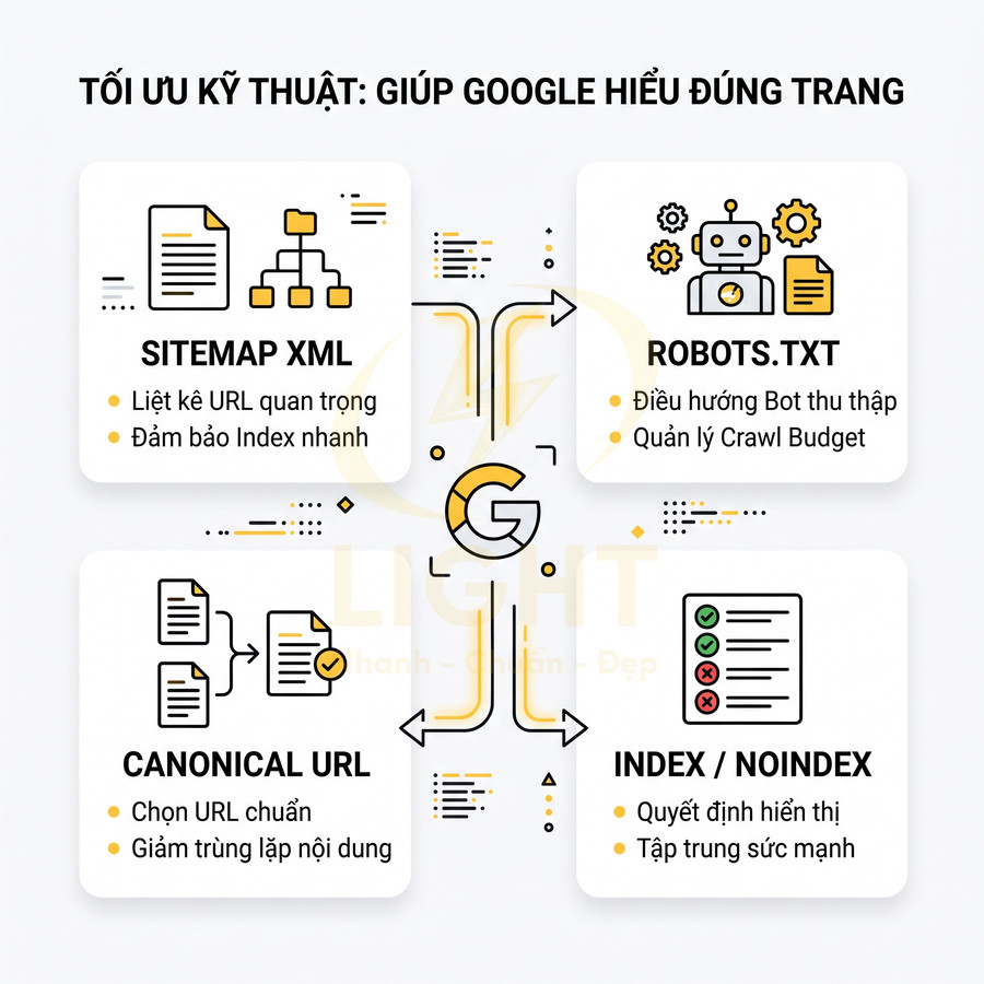Infographic tối ưu kỹ thuật SEO với sitemap XML, robots.txt, canonical URL và thiết lập index noindex cho website