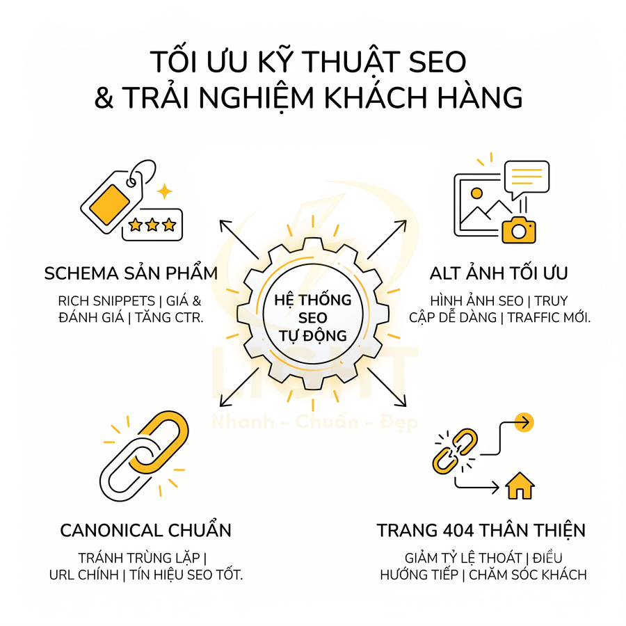 Hệ thống SEO tự động tối ưu kỹ thuật SEO với schema sản phẩm, alt ảnh, canonical chuẩn và trang 404 thân thiện
