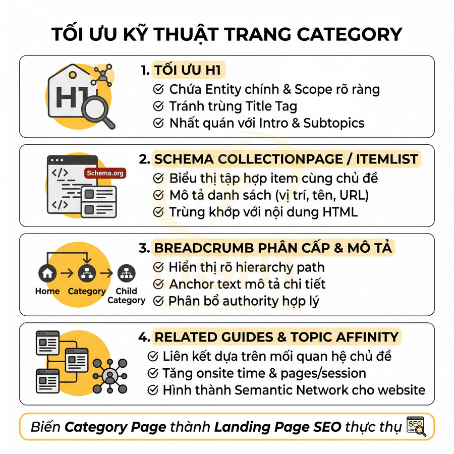 Infographic tối ưu kỹ thuật trang category với H1, schema, breadcrumb và liên kết bài viết liên quan cho SEO
