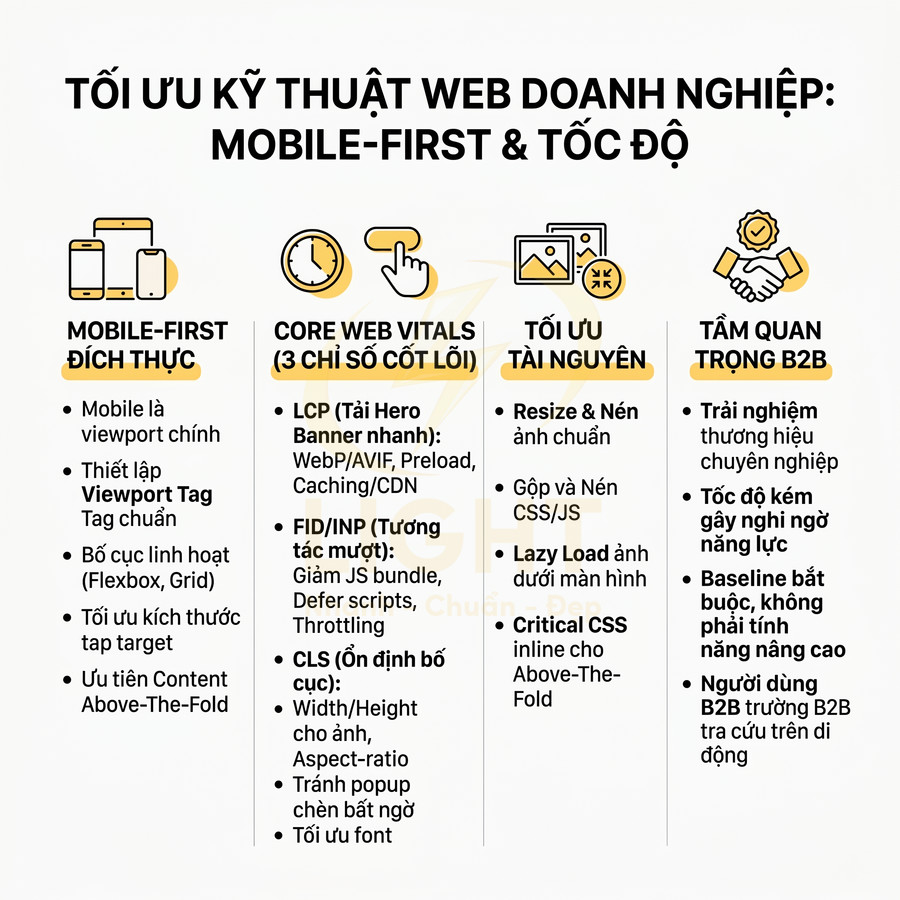Infographic tối ưu kỹ thuật web doanh nghiệp với chiến lược mobile first và tăng tốc độ tải trang