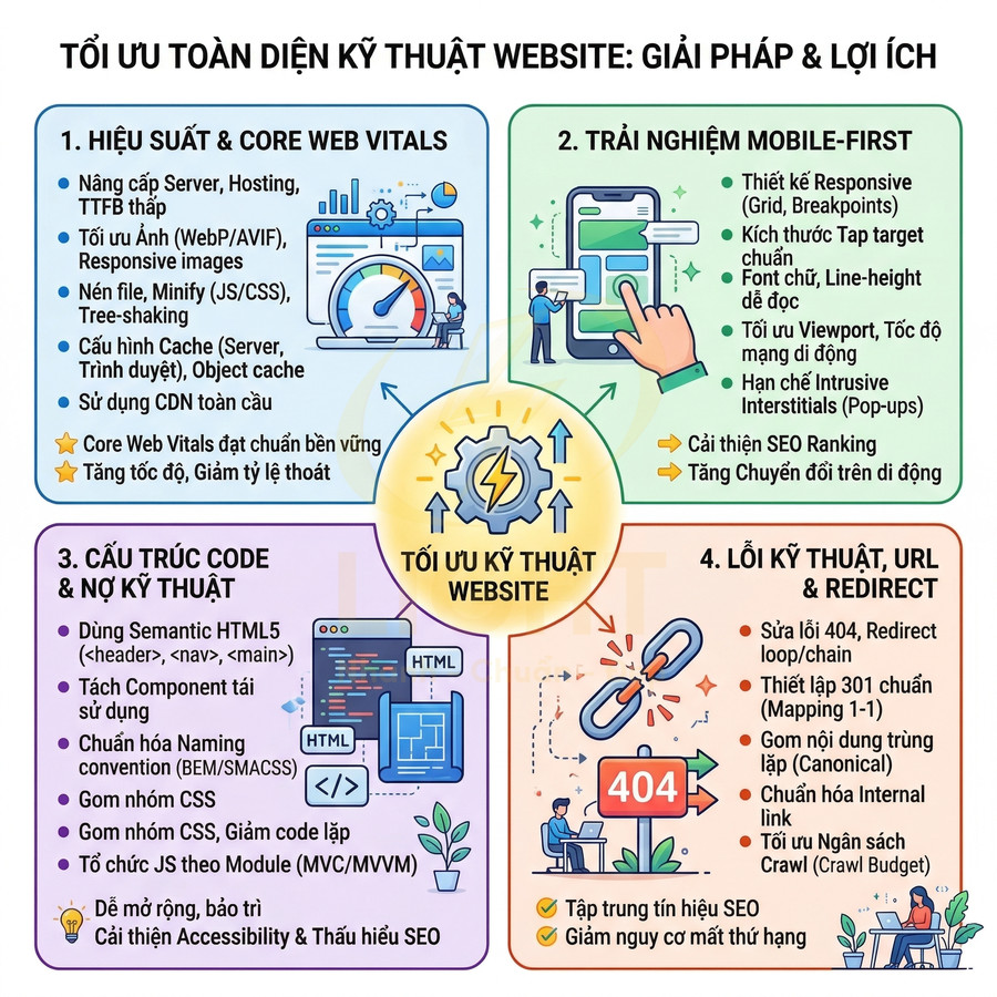 Infographic tối ưu kỹ thuật website với giải pháp về hiệu suất, mobile first, cấu trúc code và xử lý lỗi kỹ thuật