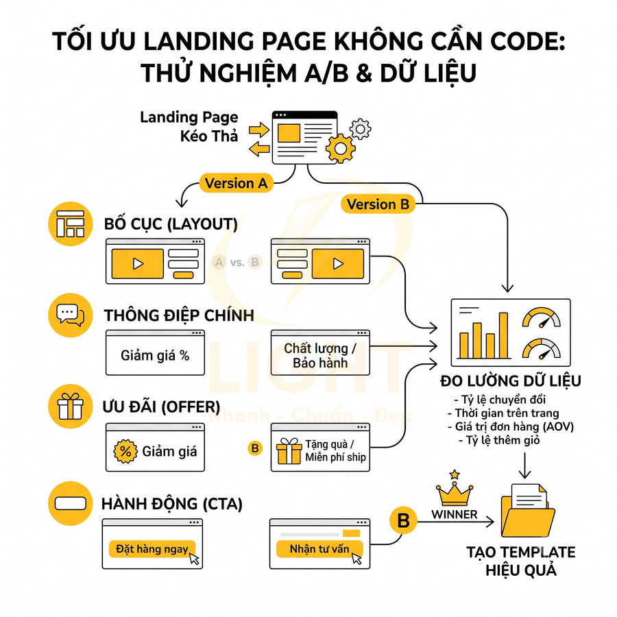 Sơ đồ tối ưu landing page bằng thử nghiệm A/B, so sánh bố cục, thông điệp, ưu đãi và CTA để chọn phiên bản hiệu quả