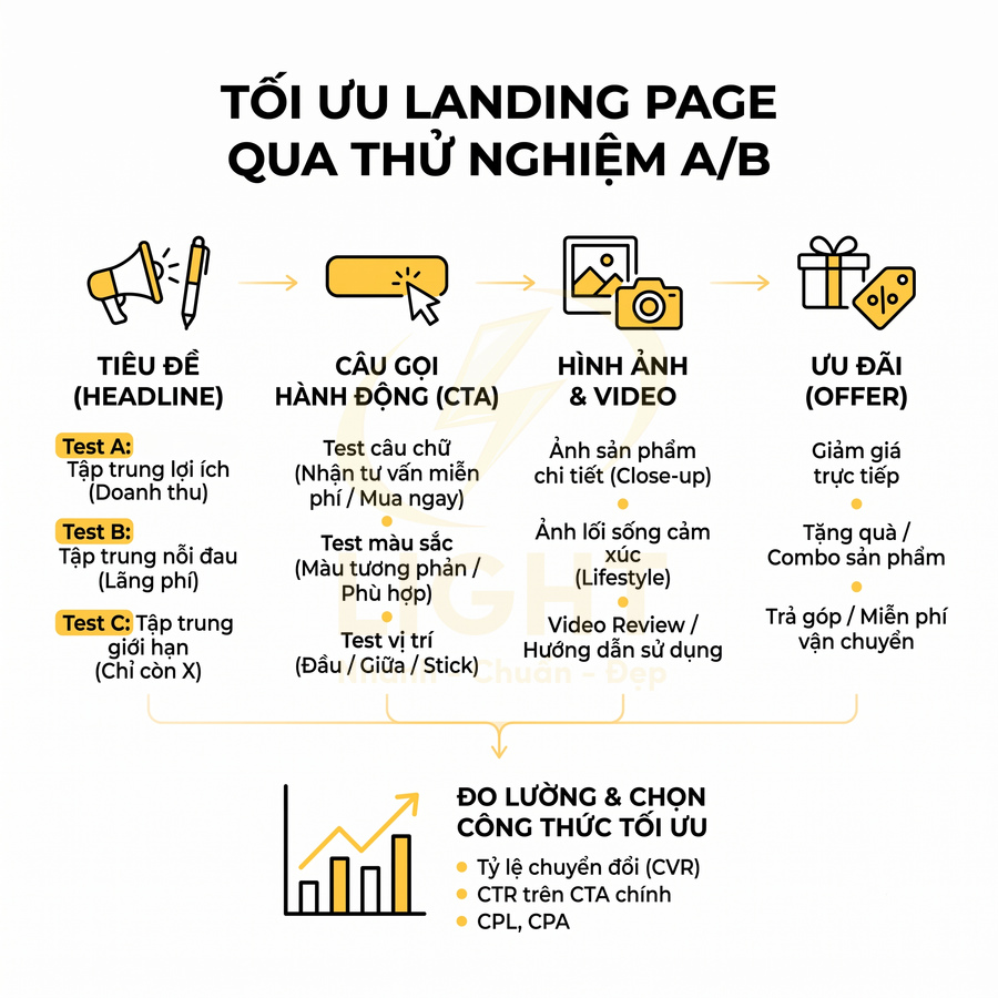 Infographic tối ưu landing page bằng A/B testing với tiêu đề, CTA, hình ảnh video, ưu đãi và đo lường chuyển đổi