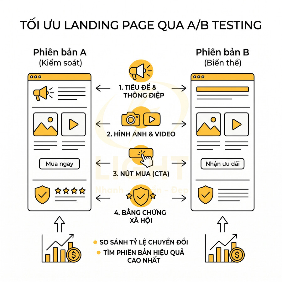 Minh họa tối ưu landing page bằng A/B testing với hai phiên bản và các yếu tố cần thử nghiệm