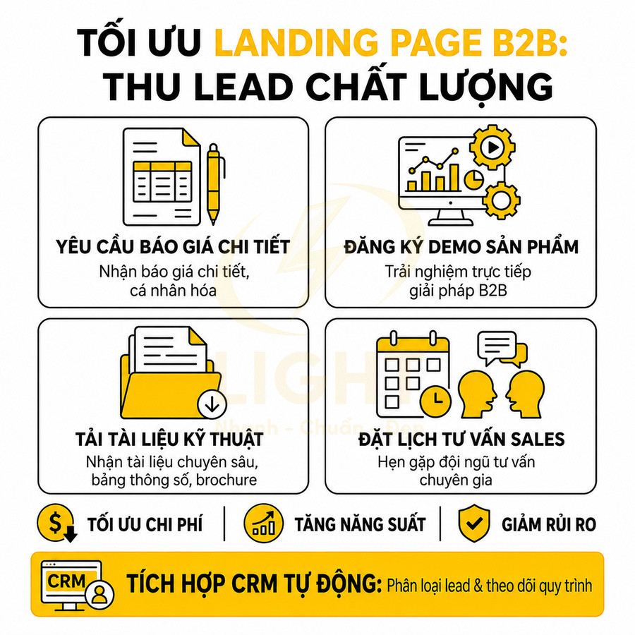 Infographic tối ưu landing page B2B thu lead chất lượng và tích hợp CRM tự động cho doanh nghiệp