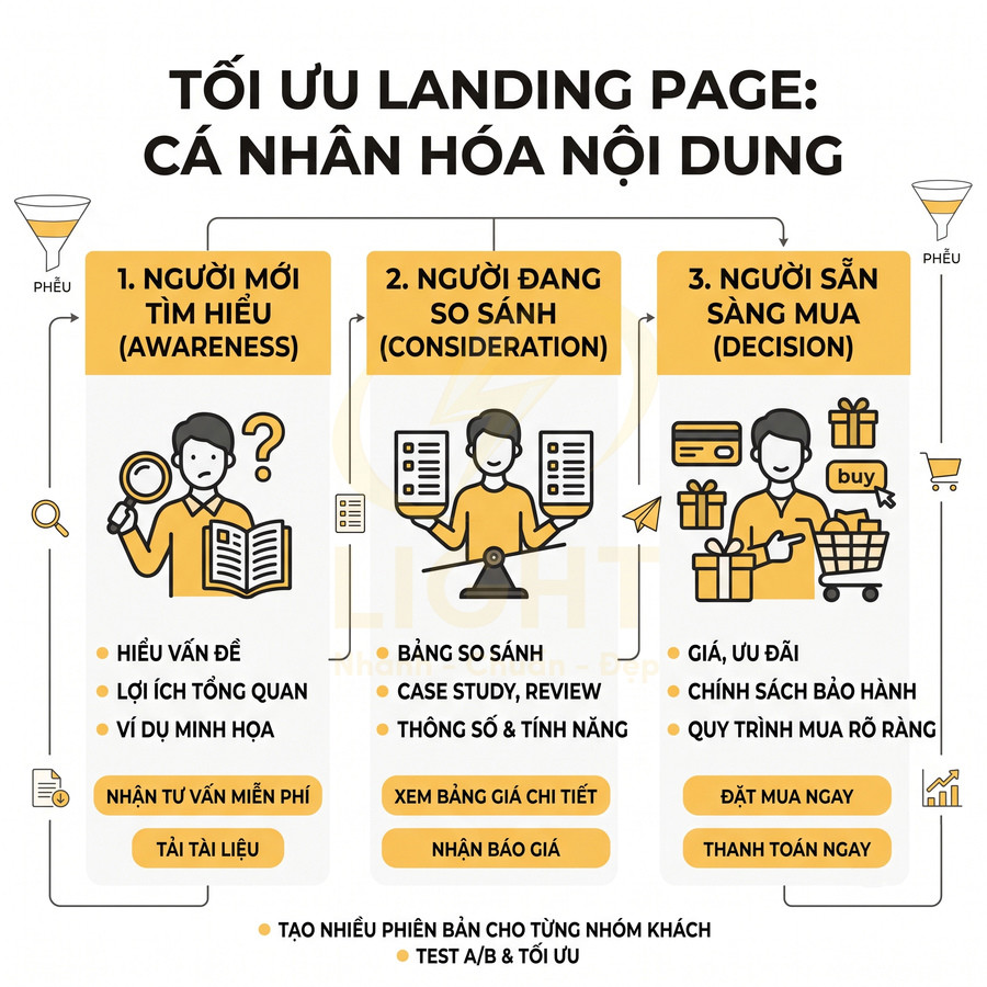 Infographic tối ưu landing page với nội dung cá nhân hóa cho 3 giai đoạn hành trình khách hàng