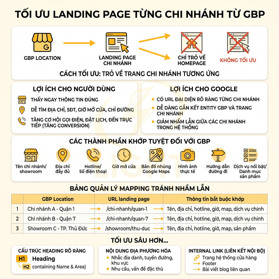 Infographic tối ưu landing page chi nhánh từ Google Business Profile với lợi ích, thành phần và bảng mapping URL