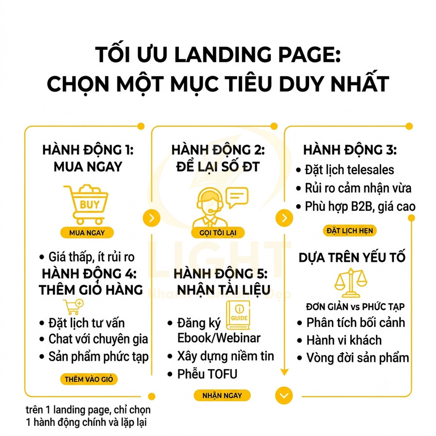 Infographic tối ưu landing page với 5 hành động chuyển đổi chính và tiêu chí chọn một mục tiêu duy nhất