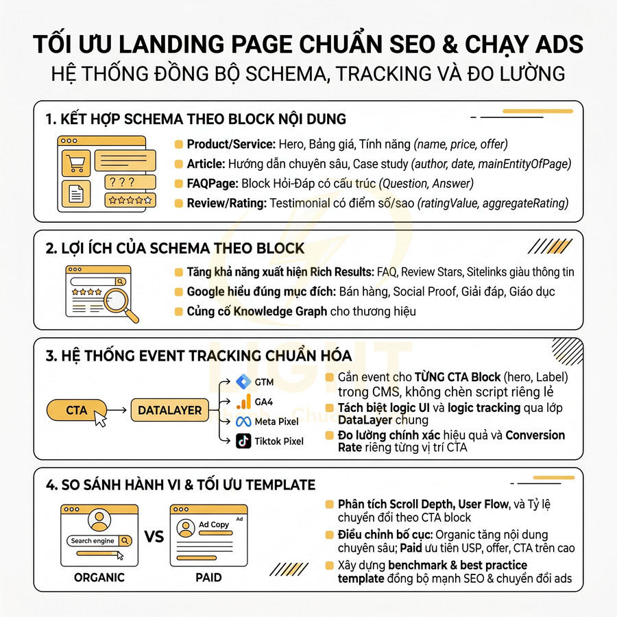 Tối ưu landing page chuẩn SEO và chạy ads với schema theo block, event tracking và so sánh hành vi organic paid