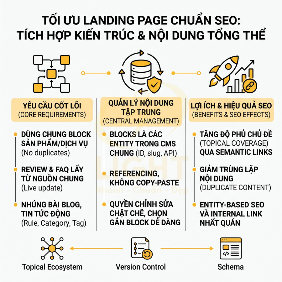 Mô hình tối ưu landing page chuẩn SEO với yêu cầu cốt lõi, quản lý nội dung tập trung và lợi ích hiệu quả SEO